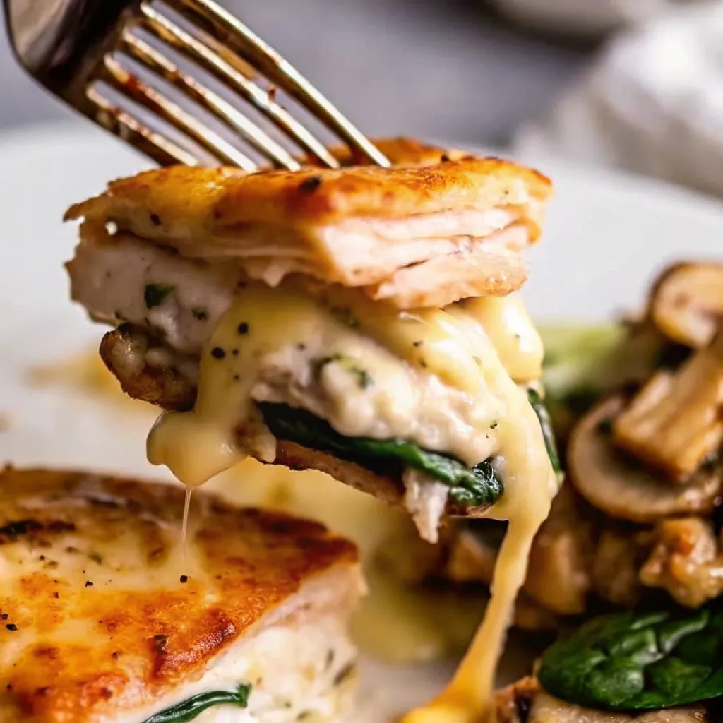 Cheesy Garlic Butter Mushroom Stuffed Chicken garlic butter mushroom stuffed chicken Fork lifting a cheesy piece of garlic butter stuffed chicken with spinach and mushrooms