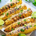 A white platter of grilled corn on the cob Mexican style, topped with crumbled cotija cheese, fresh cilantro, and served with lime wedges.