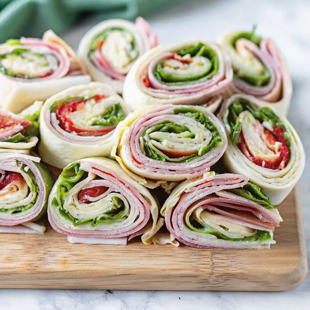 The 5 Best High Protein Pinwheels Recipes high protein pinwheels A close-up of high protein Italian pinwheels piled on a wooden cutting board, showing layers of ham, salami, provolone, and lettuce.