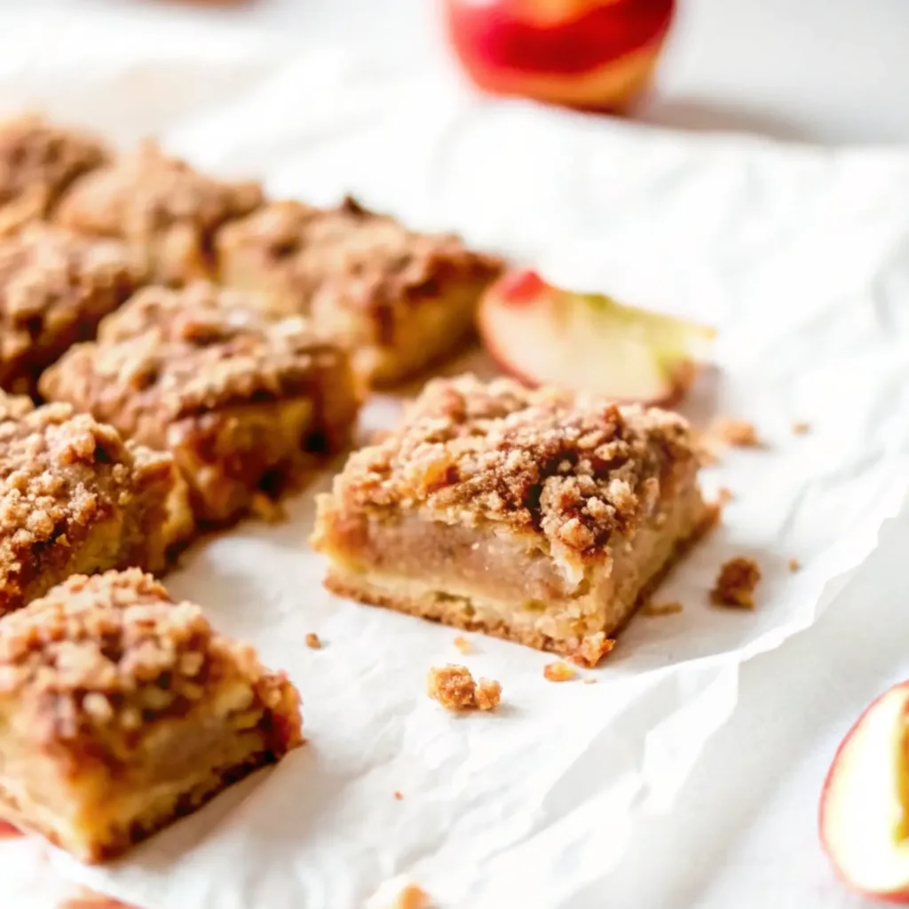 The Ultimate Apple Crisp Bars (Easy & Foolproof Recipe) Apple Crisp Bars Homemade apple crisp bars cut into squares, showing the gooey apple filling and crunchy crumble topping, arranged on white parchment paper.