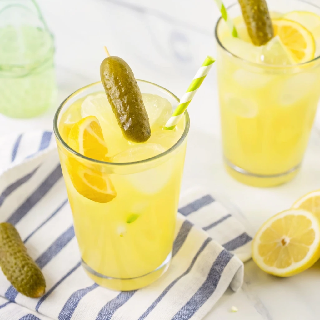 Glass of homemade Fried Pickle Lemonade garnished with lemon slices and a whole pickle