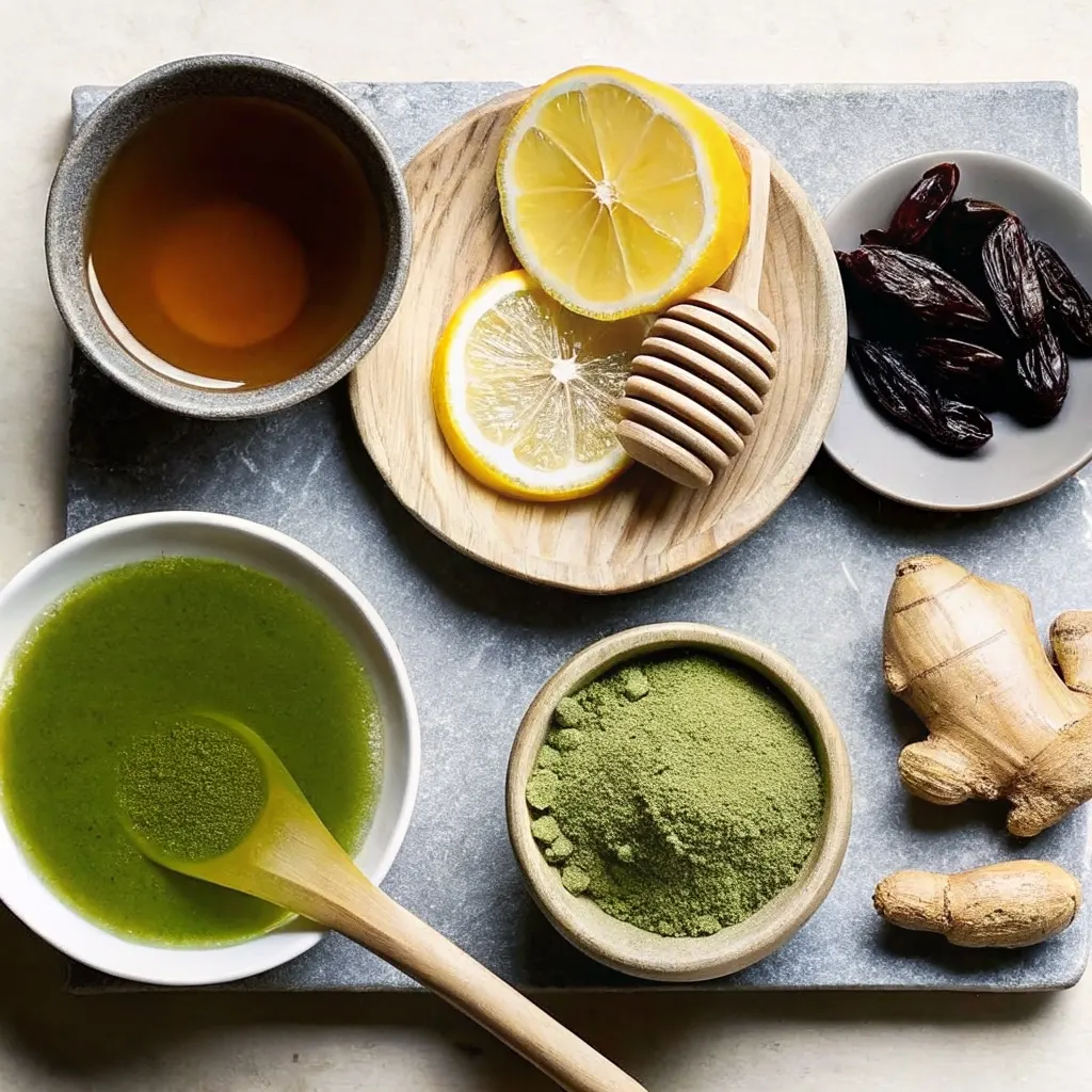 The Real Japanese Mounjaro Drink: 3 Authentic Recipes & Safety Warnings japanese mounjaro drink A flat lay of natural ingredients for the Japanese Mounjaro drink, including a bowl of matcha powder, fresh ginger root, sliced lemon, and honey.