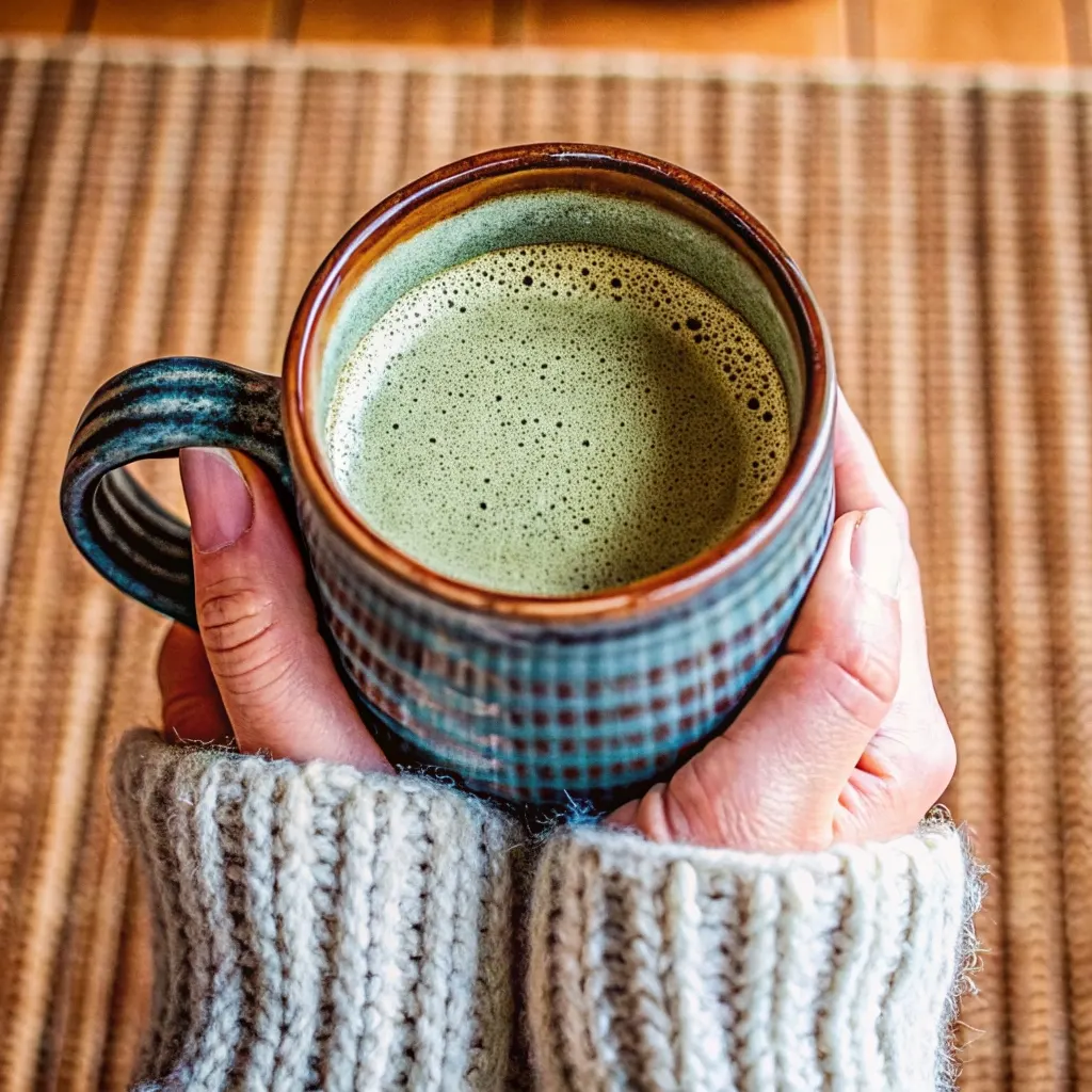 The Real Japanese Mounjaro Drink: 3 Authentic Recipes & Safety Warnings japanese mounjaro drink A woman's hands in a cozy knit sweater holding a warm ceramic mug of frothy green Japanese Mounjaro drink.