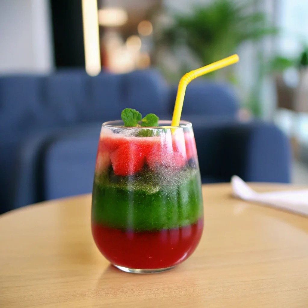 Watermelon Matcha Lemonade watermelon matcha lemonade A colorful layered watermelon matcha lemonade topped with fresh watermelon cubes, mint leaves, and a yellow straw