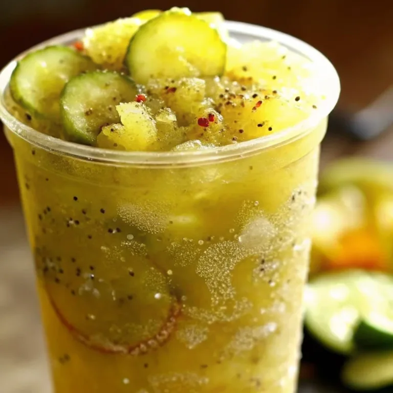 A close-up of a loaded Fried Pickle Lemonade with sliced pickles and crushed ice