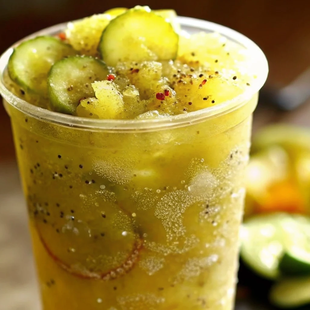 Fried Pickle Lemonade: Popeyes’ Bold Summer Sip Fried Pickle Lemonade A close-up of a loaded Fried Pickle Lemonade with sliced pickles and crushed ice
