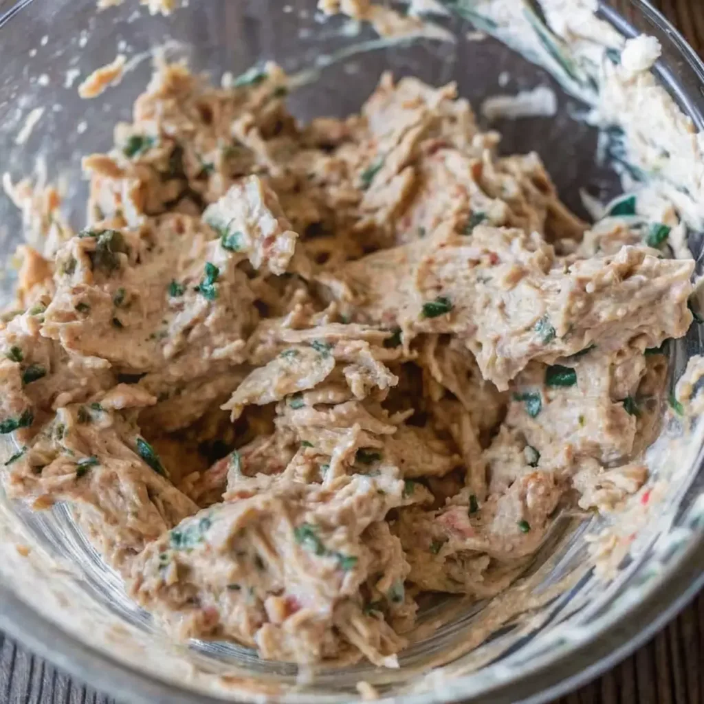 Marry Me Chicken Dip Recipe marry me chicken dip A glass mixing bowl filled with the creamy, unbaked Marry Me Chicken Dip mixture, showing the shredded chicken and herbs fully combined.