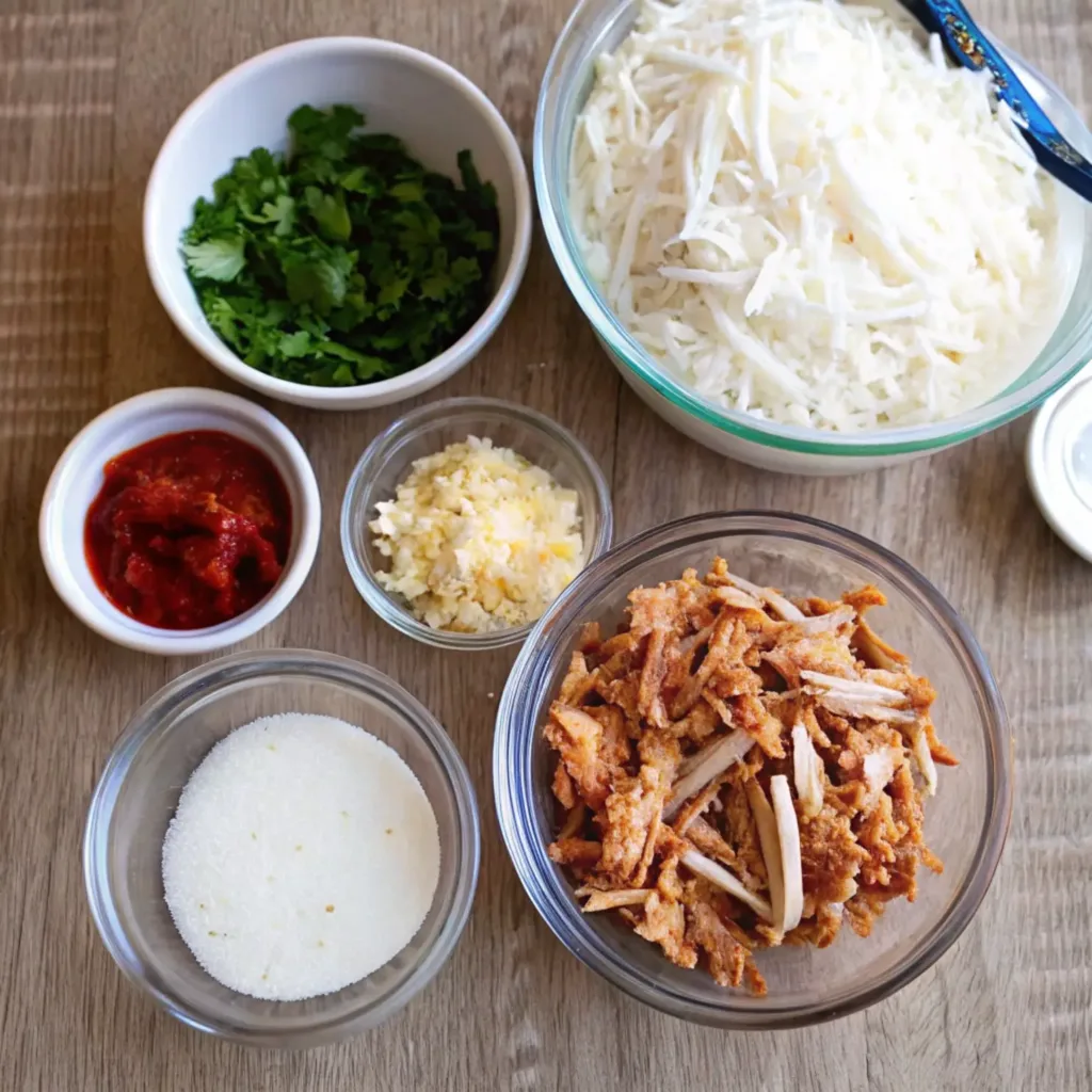 Marry Me Chicken Dip Recipe marry me chicken dip An overhead view of prepped ingredients for Marry Me Chicken Dip laid out in bowls, including shredded chicken, mozzarella cheese, garlic, and fresh herbs.