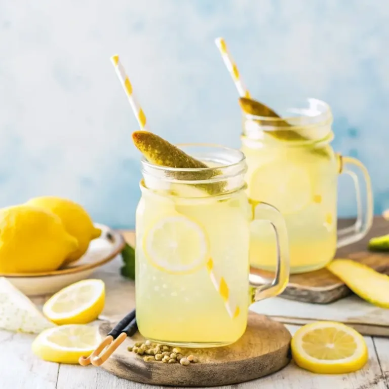 Pickled Lemonade Recipe: The Definitive Guide tahini coffee pickled lemonade recipe served in mason jars with lemon slices and whole pickles