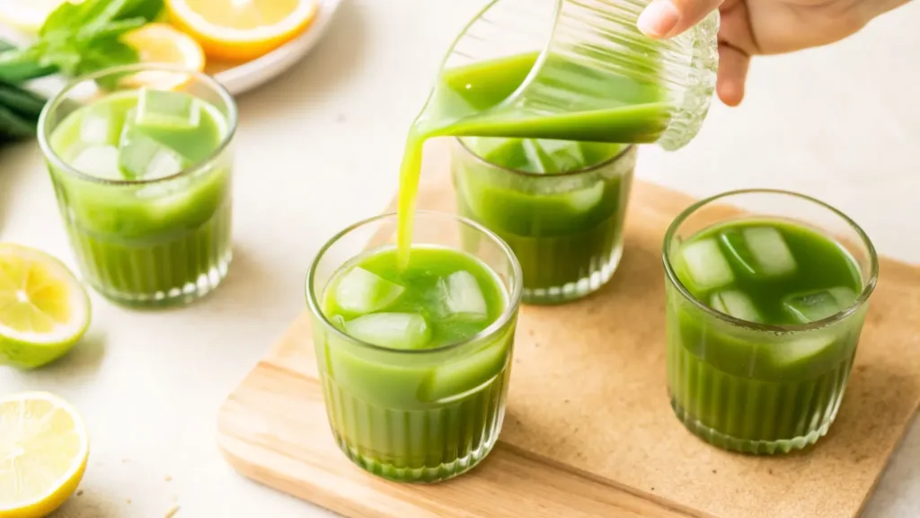 Paradise Matcha Lemonade Recipe: Copycat Starbucks matcha lemonade Iced matcha lemonade being poured into a glass with lemon and mint nearby
