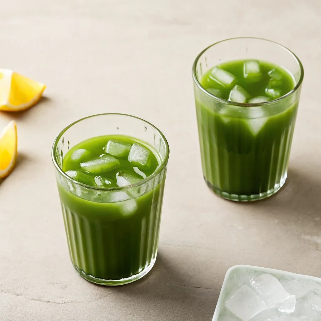 Paradise Matcha Lemonade Recipe: Copycat Starbucks matcha lemonade Two glasses of iced matcha lemonade with lemon wedges on the side