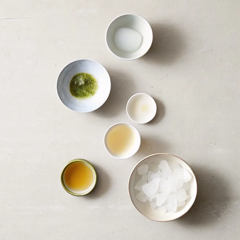 Paradise Matcha Lemonade Recipe: Copycat Starbucks matcha lemonade Bowls of matcha powder, lemon juice, honey, ice, and water arranged on a light surface