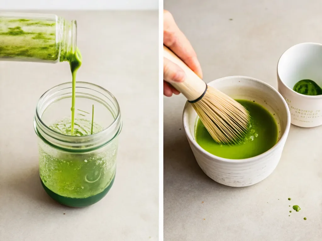 Paradise Matcha Lemonade Recipe: Copycat Starbucks matcha lemonade Whisking matcha in a bowl and pouring it into lemonade
