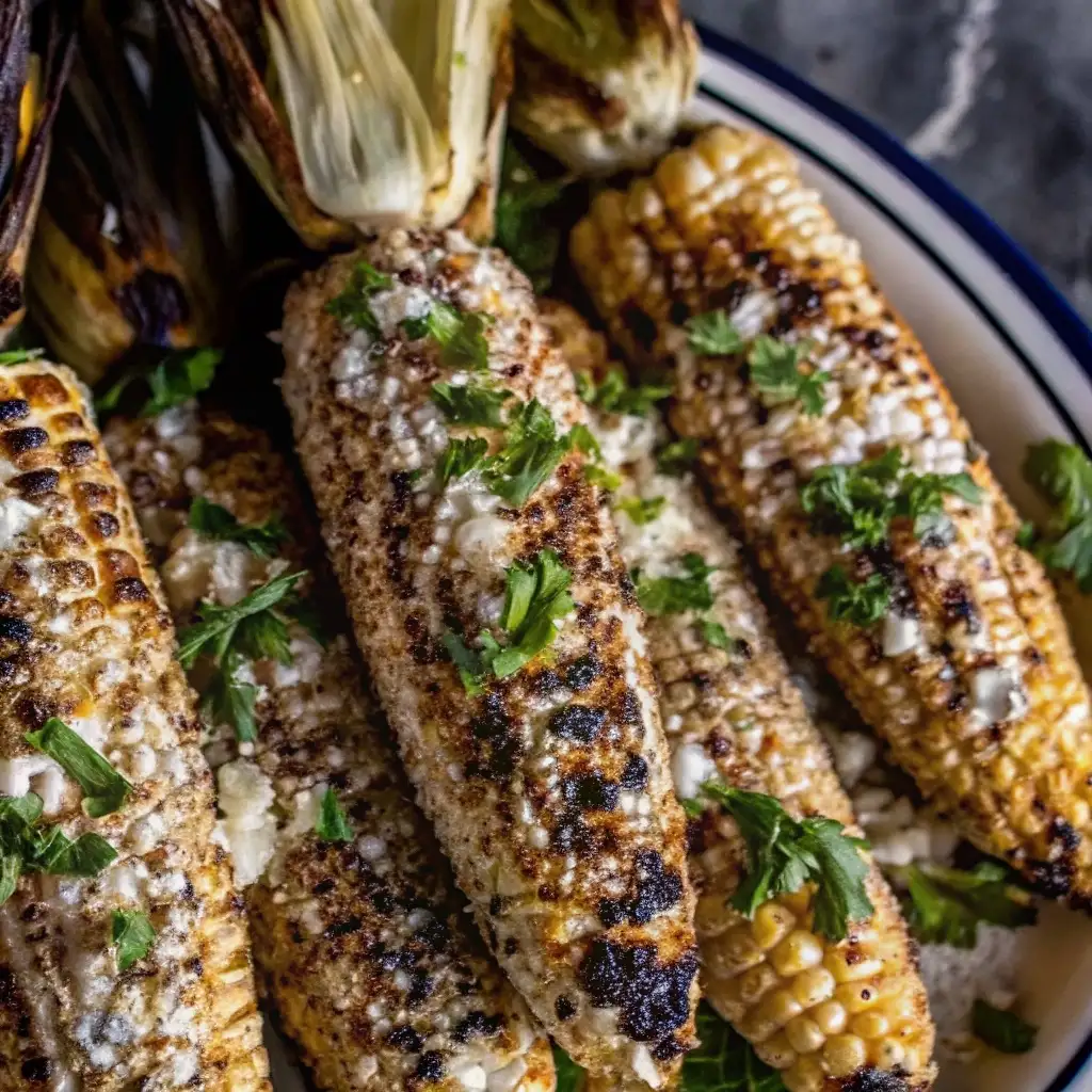 Corn On The Cob Mexican Style Corn On The Cob Mexican Style A white bowl filled with several cobs of charred Elote, with the husks pulled back to act as handles. The corn is topped with cotija cheese and fresh cilantro.
