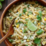 A close-up shot of Mexican Street Corn Pasta Salad in a wooden bowl, tossed with a creamy chili-lime dressing, roasted corn, cilantro, and cotija cheese, and garnished with a lime wedge.