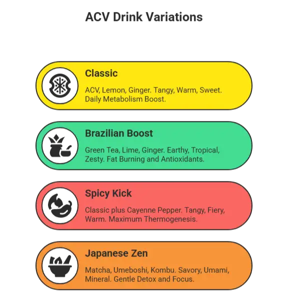 How Do You Make Natural Mounjaro Recipe (The 2025 Guide) how do you make natural mounjaro recipe Infographic comparing four natural Mounjaro recipe variations: the Classic for metabolism, Brazilian Boost for fat burning, Spicy Kick for thermogenesis, and Japanese Zen for detox.