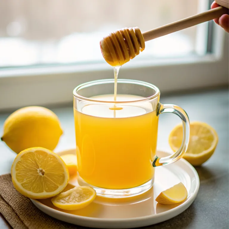 How Do You Make Natural Mounjaro Recipe (The 2025 Guide) 3 ingredient mounjaro recipe A hand drizzling raw honey into a glass mug of the warm natural Mounjaro recipe, surrounded by fresh lemons on a saucer.
