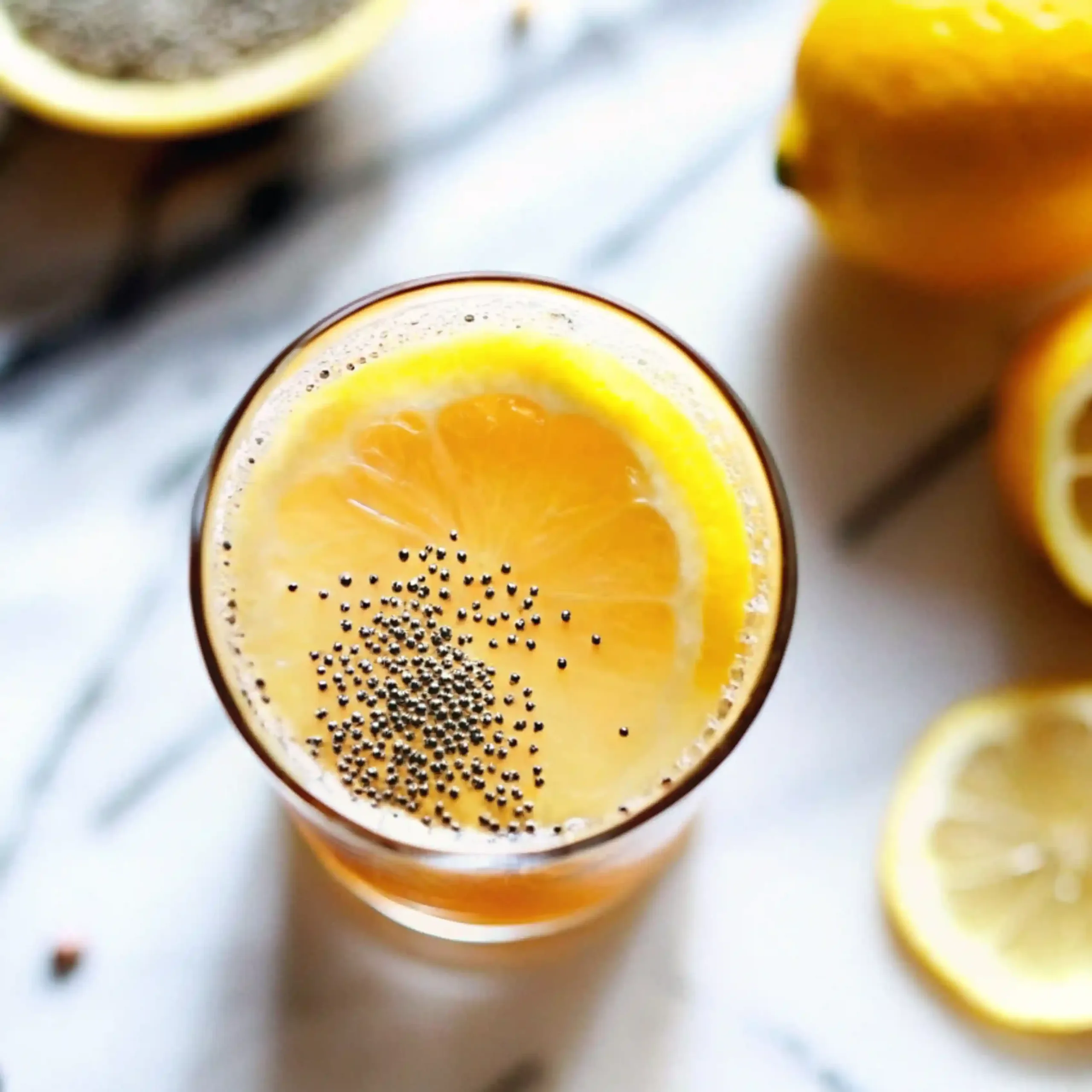 Top-down view of the Zepbound natural recipe drink in a glass, garnished with a fresh lemon slice and chia seeds, on a marble background.