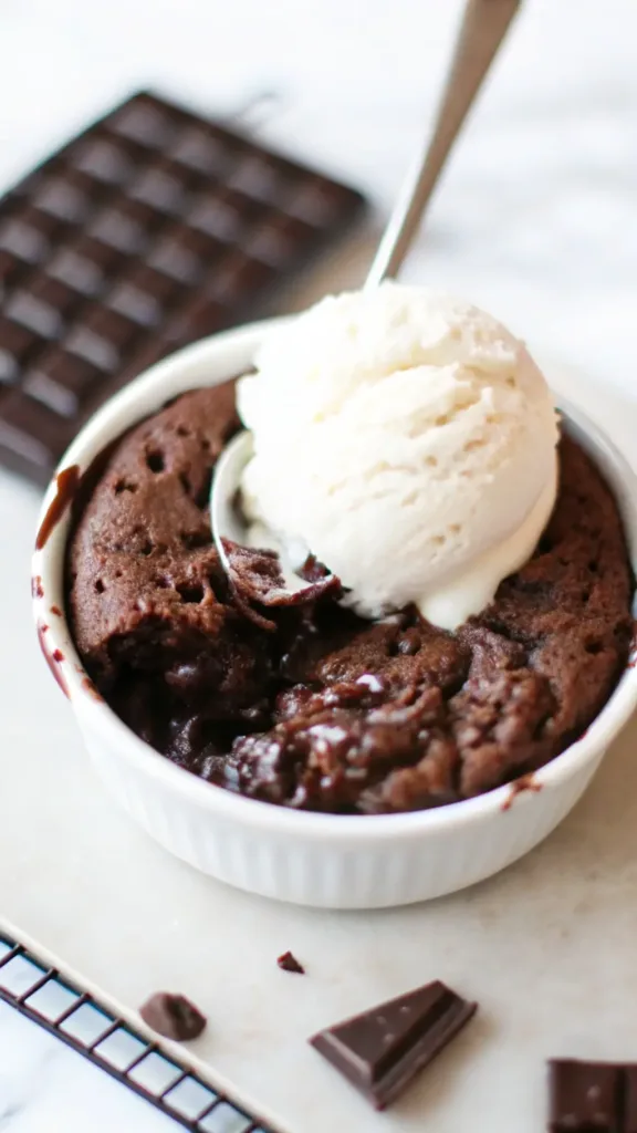 Cottage Cheese Lava Cake Recipe Cottage Cheese Lava Cake A spoon digging into a warm cottage cheese lava cake in a white ramekin, revealing the rich, molten chocolate center. The cake is topped with a scoop of vanilla ice cream.