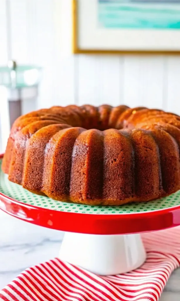 The Best Pecan Zucchini Bundt Cake Pecan Zucchini Bundt Cake A whole, golden-brown pecan zucchini bundt cake presented on a festive red and white pedestal cake stand