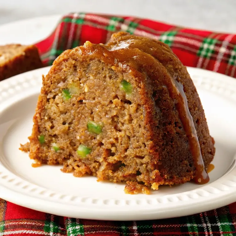 A slice of moist pecan zucchini bundt cake on a white plate with a brown sugar glaze dripping down the side.