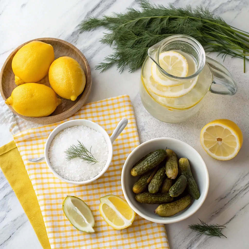 Pickled Lemonade Recipe: The Definitive Guide pickled lemonade recipe Flat lay of pickled lemonade ingredients including lemons, sugar, dill, and pickles