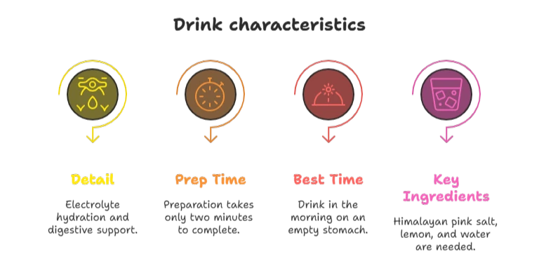 The Ultimate Pink Salt Diet Recipe: A Science-Backed Guide (2025) pink salt diet recipe Infographic showing pink salt drink characteristics including hydration support, 2-minute prep time, best time to drink, and key ingredients