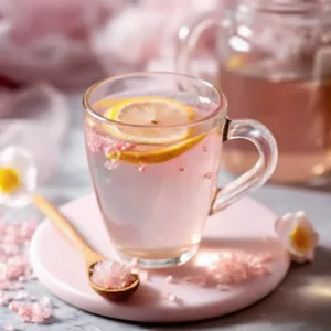 Glass of pink salt water with lemon slice, pink salt crystals, and wooden spoon on a soft pink tray