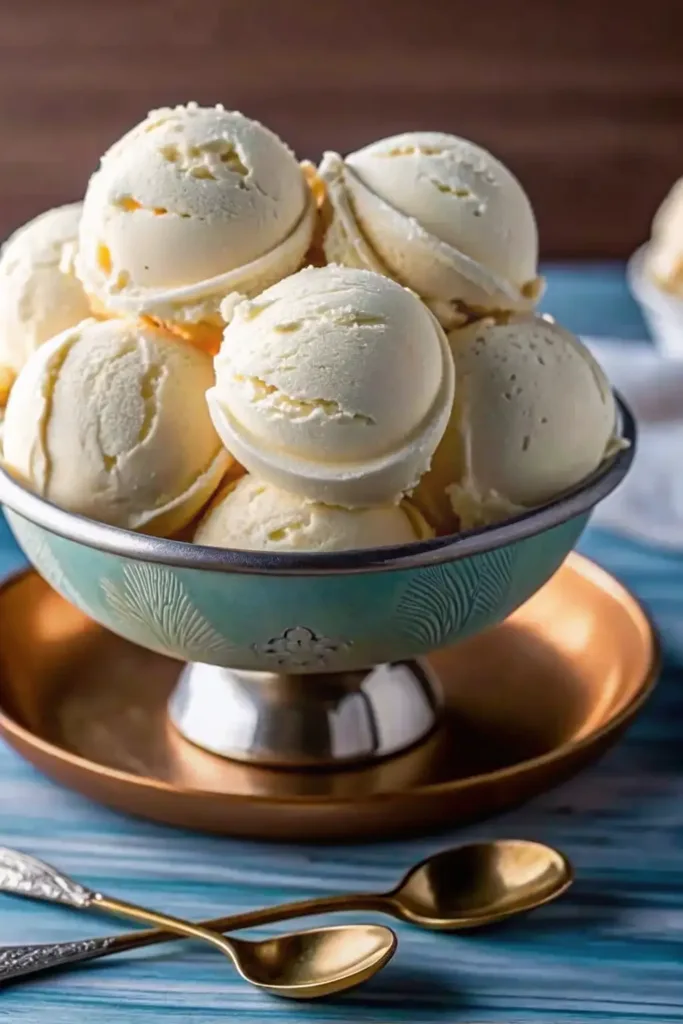 Pinon ice cream Recipe pinon ice cream A large vintage pedestal bowl filled with scoops of creamy homemade pinon ice cream.