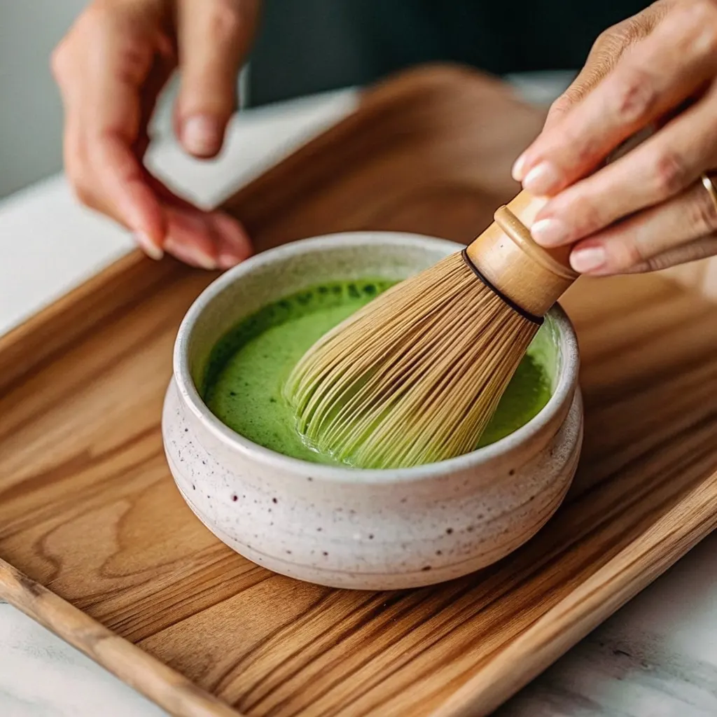 The Real Japanese Mounjaro Drink: 3 Authentic Recipes & Safety Warnings japanese mounjaro drink A person's hands using a traditional bamboo chasen whisk to prepare frothy green matcha in a ceramic bowl.