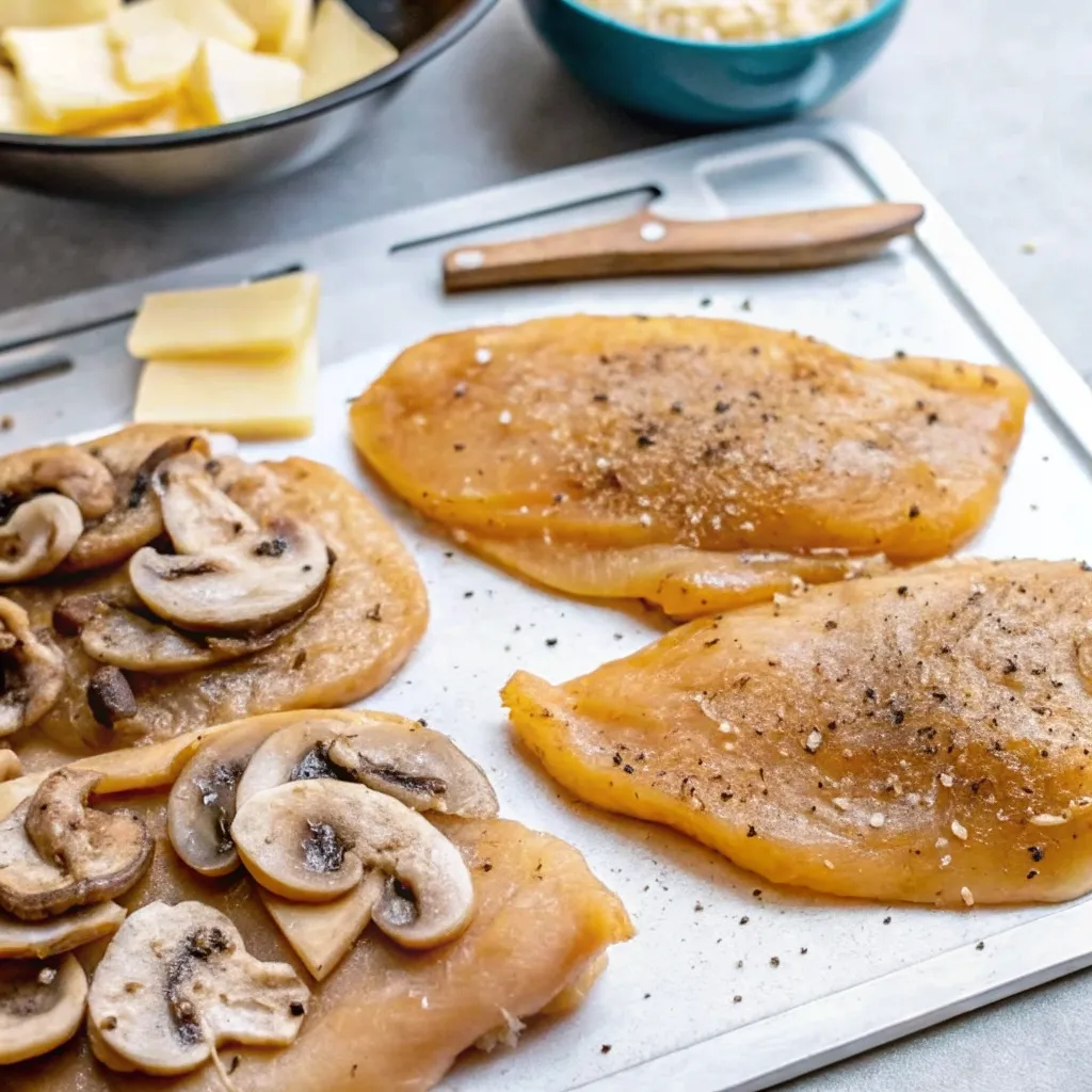 Cheesy Garlic Butter Mushroom Stuffed Chicken garlic butter mushroom stuffed chicken Seasoned raw chicken breasts on a board with sliced mushrooms and cheese ready for stuffing