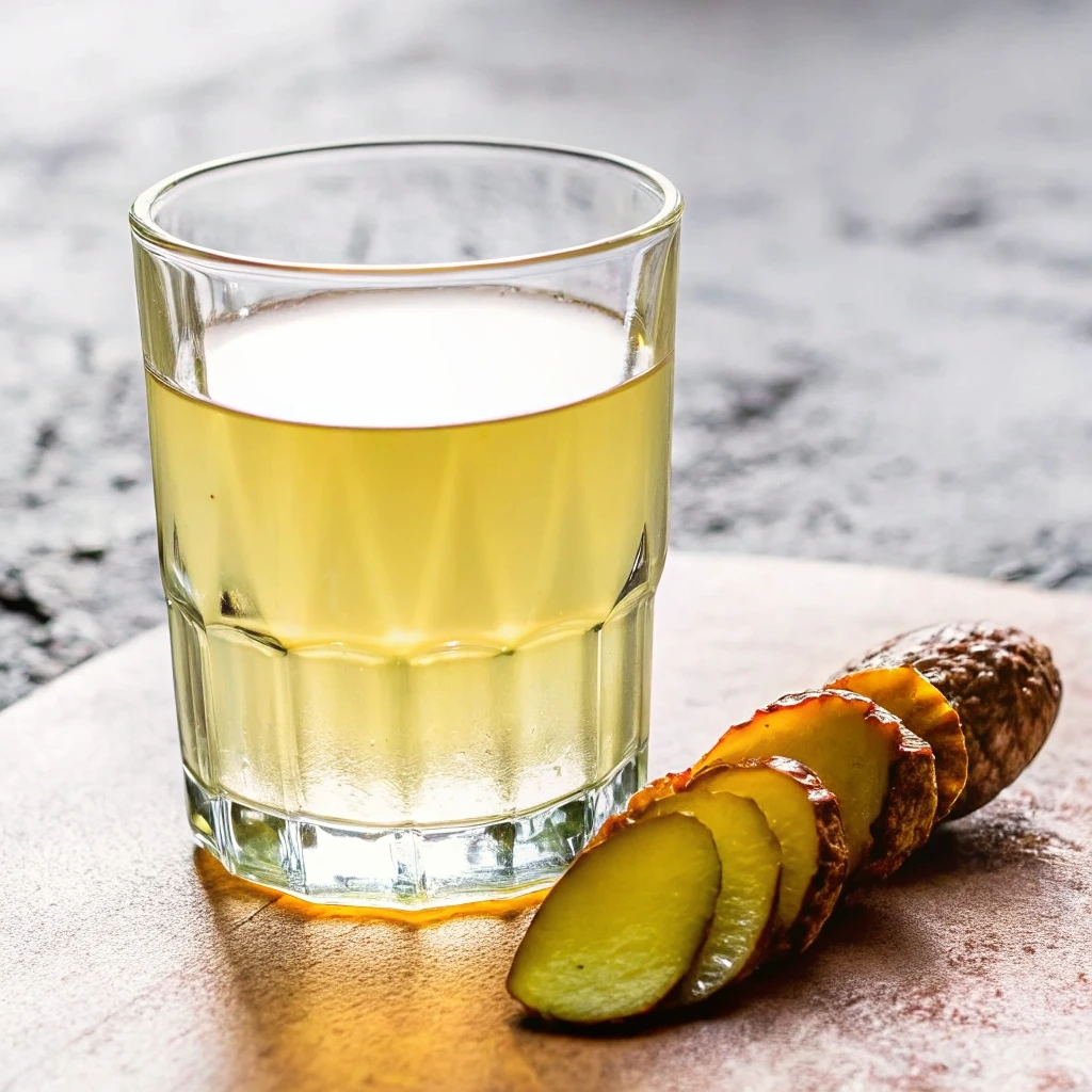 Glass of pickle brine with sliced pickles on a wooden board