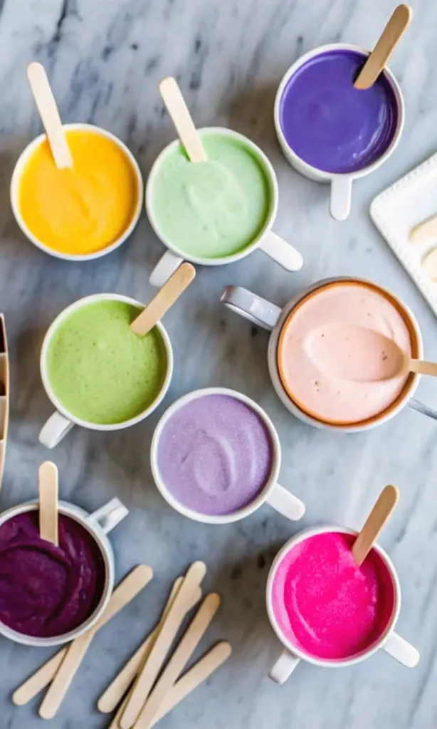 Rainbow Popsicle Dragon Fruit: The Ultimate Healthy Treat rainbow popsicle dragon fruit A top-down view of colorful fruit purees in white bowls, including yellow mango, green kiwi, and vibrant pink dragon fruit, ready for making rainbow popsicles.