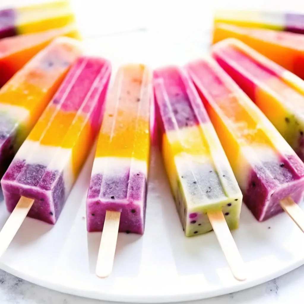 Rainbow Popsicle Dragon Fruit: The Ultimate Healthy Treat rainbow popsicle dragon fruit A platter of healthy rainbow popsicles with colorful fruit layers, including a vibrant magenta dragon fruit layer, fanned out on a white plate