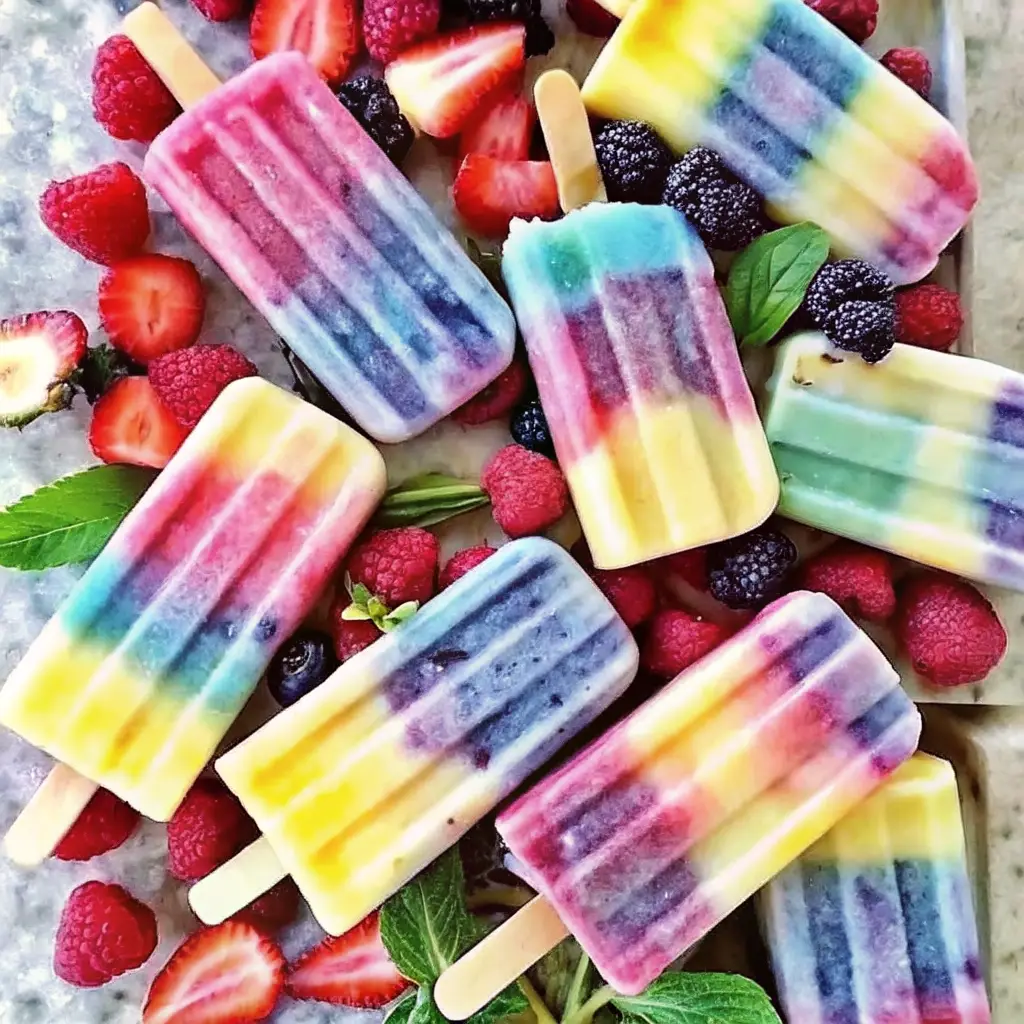Rainbow Popsicle Dragon Fruit: The Ultimate Healthy Treat rainbow popsicle dragon fruit A flat lay of healthy rainbow popsicles scattered amongst fresh strawberries, raspberries, and blackberries on a marble surface.