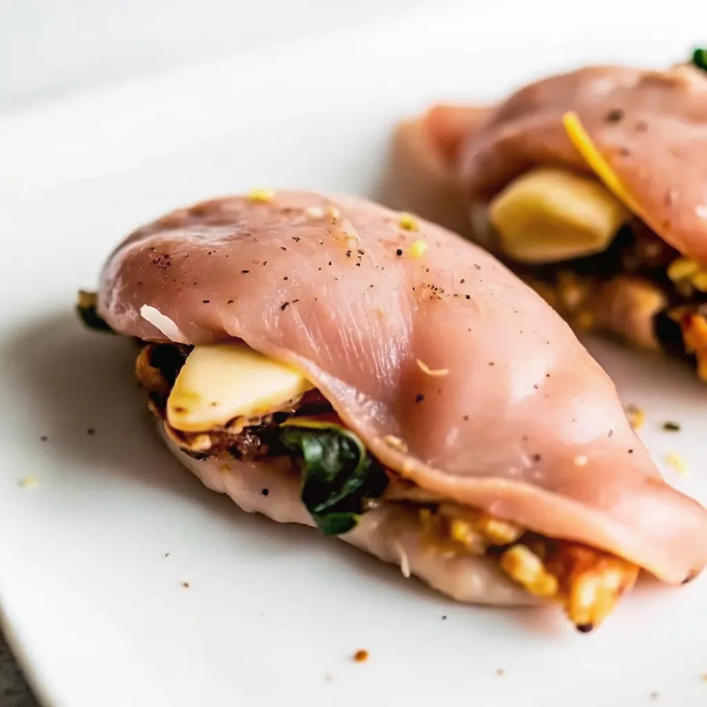 Cheesy Garlic Butter Mushroom Stuffed Chicken garlic butter mushroom stuffed chicken Raw chicken breasts stuffed with spinach, mushrooms, and cheese on a white plate
