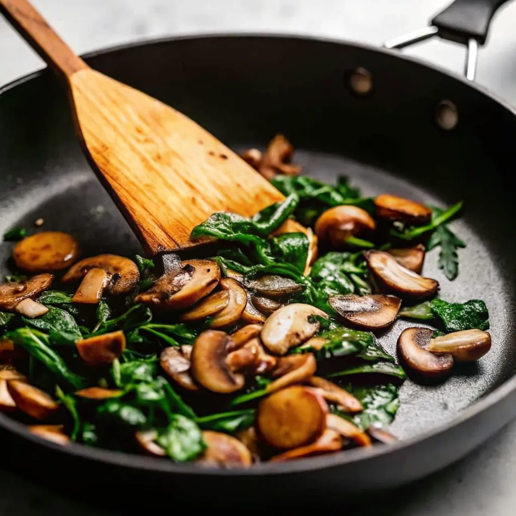 Cheesy Garlic Butter Mushroom Stuffed Chicken garlic butter mushroom stuffed chicken Sliced mushrooms and fresh spinach sautéing in a black skillet with a wooden spatula