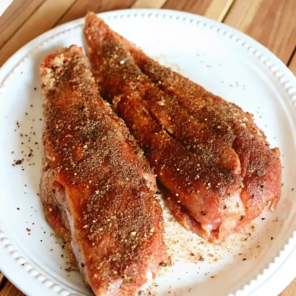 Marry Me Chicken Dip Recipe marry me chicken dip Two raw boneless, skinless chicken breasts on a white plate, generously seasoned with a savory spice rub before being cooked for Marry Me Chicken Dip.