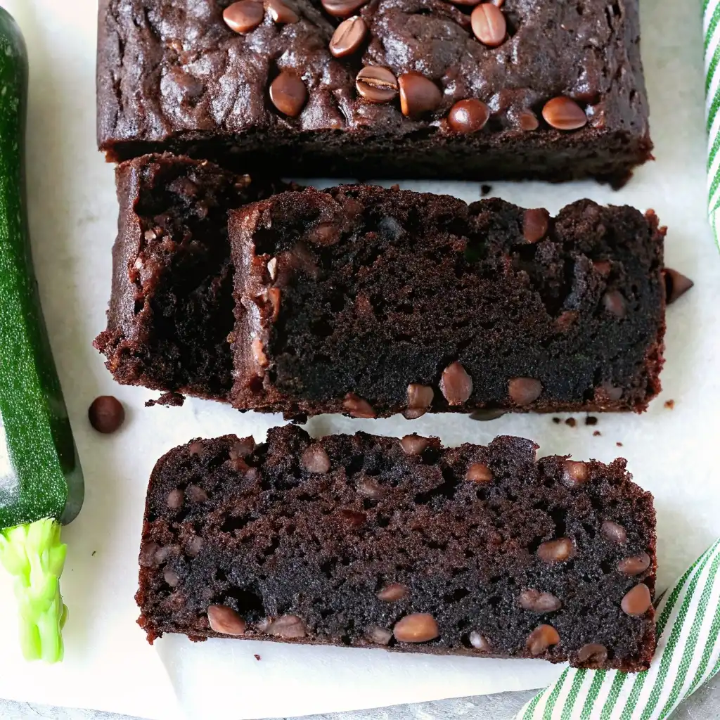 Double Chocolate Zucchini Bread Double Chocolate Zucchini Bread Slices of double chocolate zucchini bread showing moist texture and chocolate chips