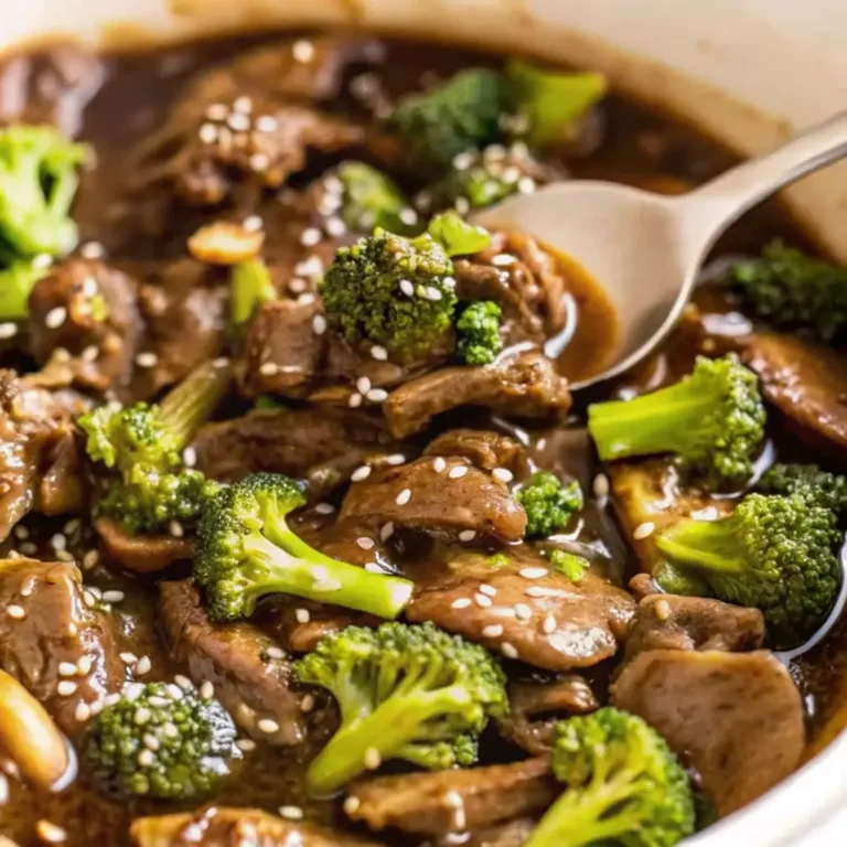 How to Cook Beef and Broccoli Chinese Style That Beats Takeout Cowboy Queso Recipe Spoon scooping beef and broccoli in thick sauce with sesame seeds