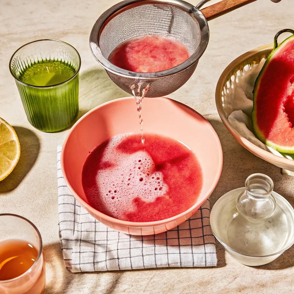 Watermelon Matcha Lemonade watermelon matcha lemonade Fresh watermelon juice being strained through a mesh sieve into a mixing bowl with ingredients like honey and matcha nearby