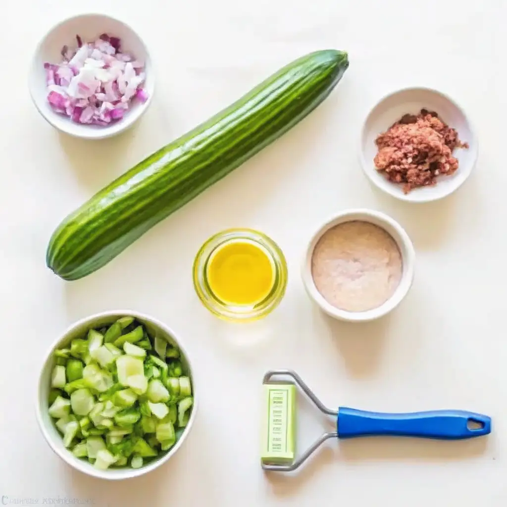 Cucumber Tuna Boat Recipe cucumber tuna boat Ingredients for cucumber tuna boats laid out on a white surface, including an English cucumber, chopped celery, red onion, and a vegetable peeler.