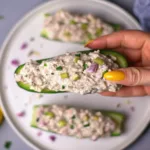 Cucumber Tuna Boat Recipe cucumber tuna boat A hand holding a freshly made cucumber tuna boat filled with creamy tuna salad with red onion and chives, ready to eat.
