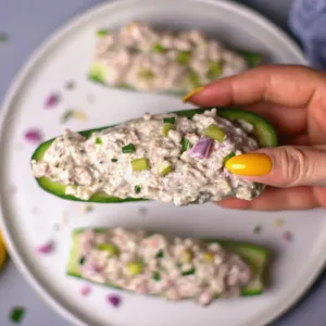 A hand holding a freshly made cucumber tuna boat filled with creamy tuna salad with red onion and chives, ready to eat.