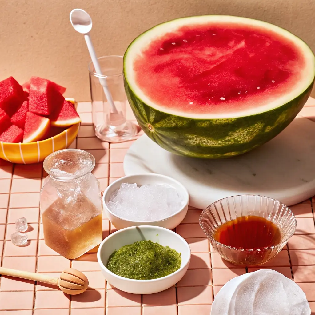 Watermelon Matcha Lemonade watermelon matcha lemonade Fresh watermelon, matcha powder, honey, and ice arranged on a counter as ingredients for watermelon matcha lemonade