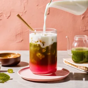 A layered watermelon matcha lemonade in a clear glass with milk being poured on top, surrounded by matcha powder, honey, and a pitcher of prepared matcha