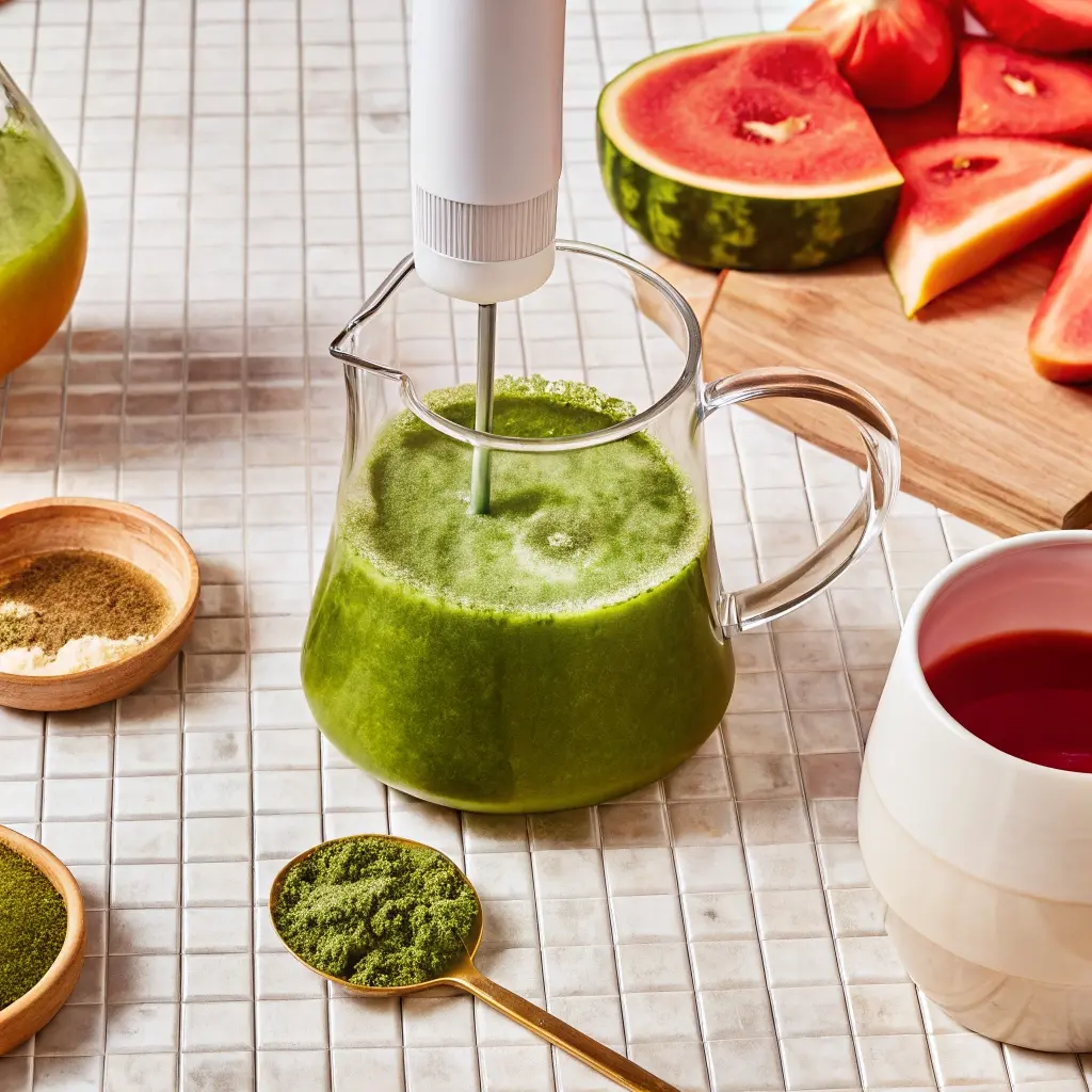 Watermelon Matcha Lemonade watermelon matcha lemonade Electric frother whisking matcha in a glass pitcher with matcha powder, honey, and watermelon in the background