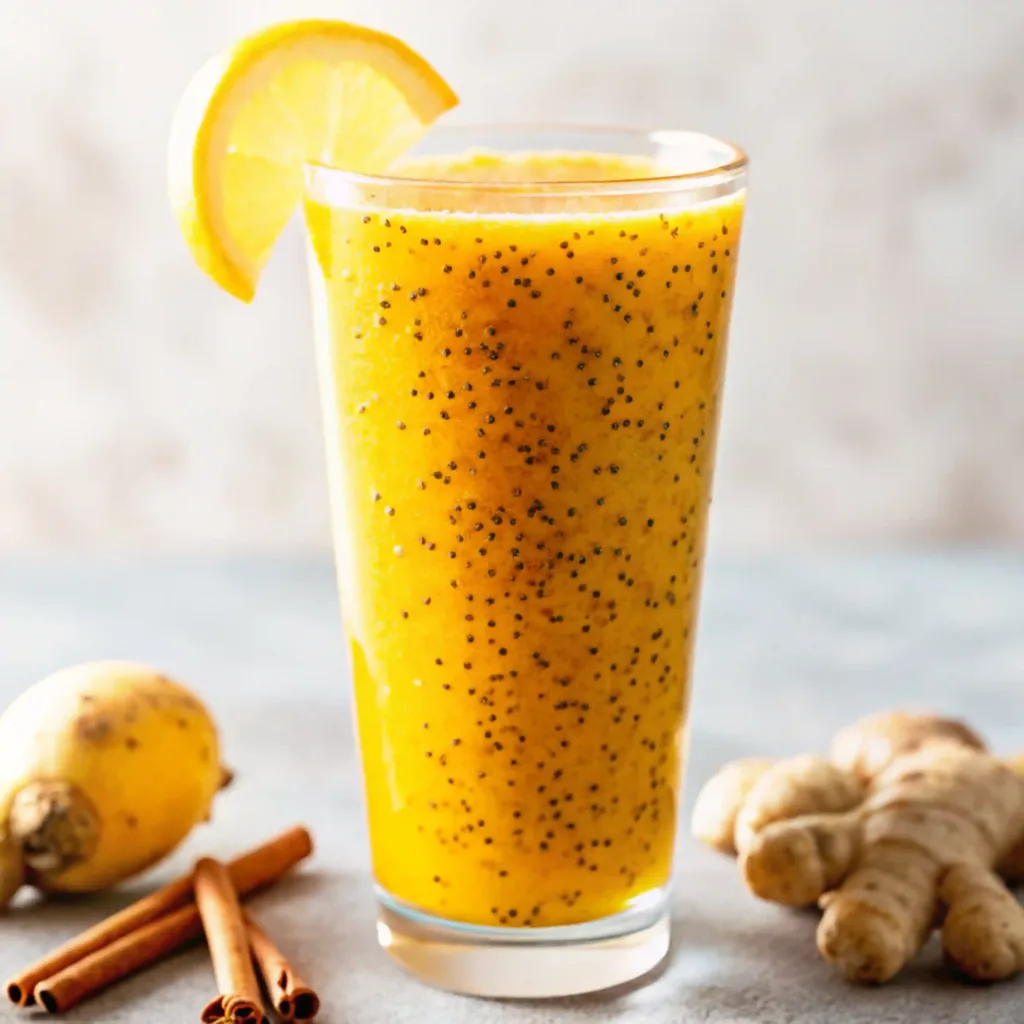 This Natural Zepbound Recipe is My Secret Weapon zepbound natural recipe A tall glass of the Zepbound natural recipe drink, filled with chia seeds and garnished with a lemon slice. Fresh ginger and cinnamon sticks sit beside the glass on a grey surface