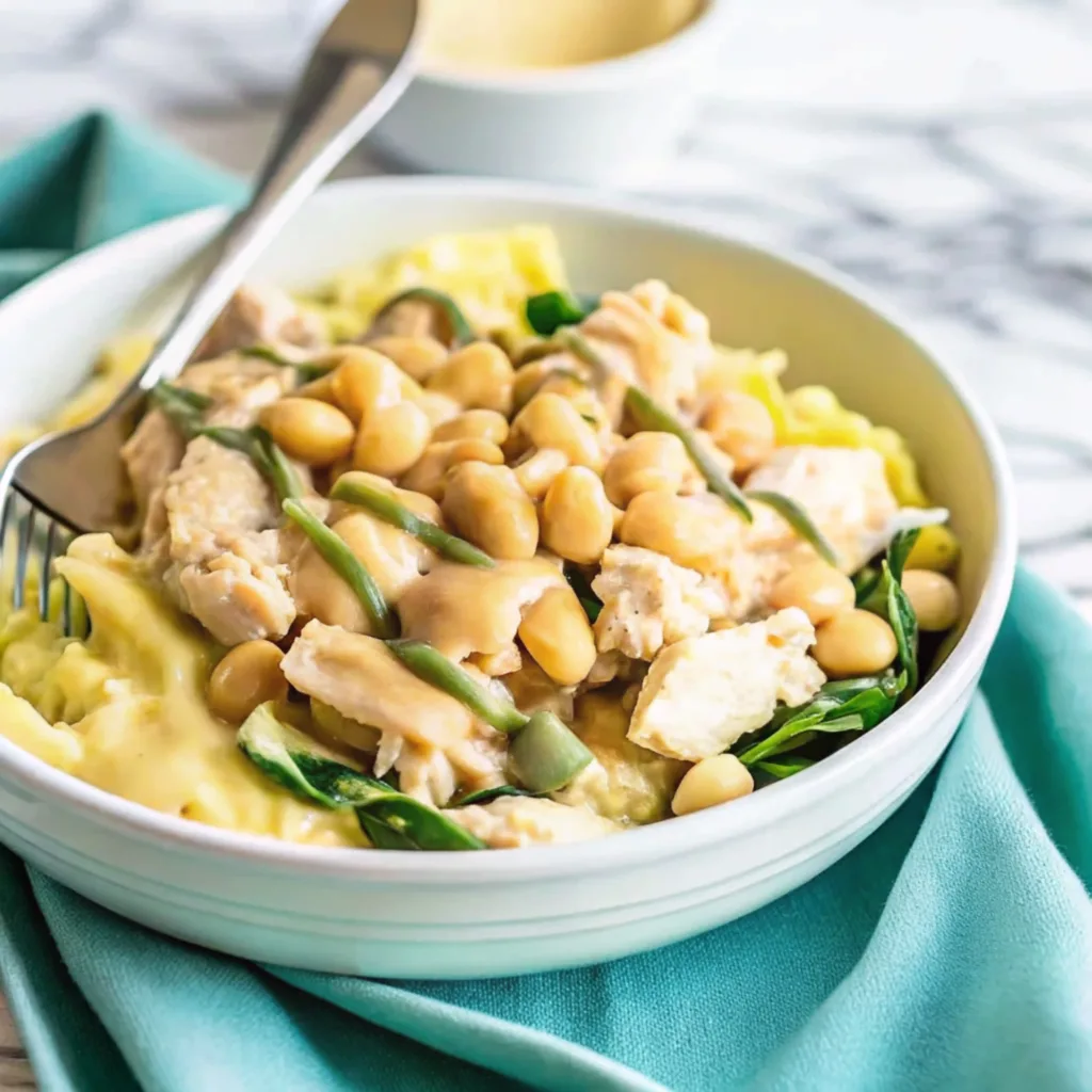 This Natural Zepbound Recipe is My Secret Weapon zepbound natural recipe A white bowl filled with the Metabolic Turkey and White Bean Skillet, a Zepbound natural recipe meal, featuring tender turkey pieces, cannellini beans, and fresh spinach.