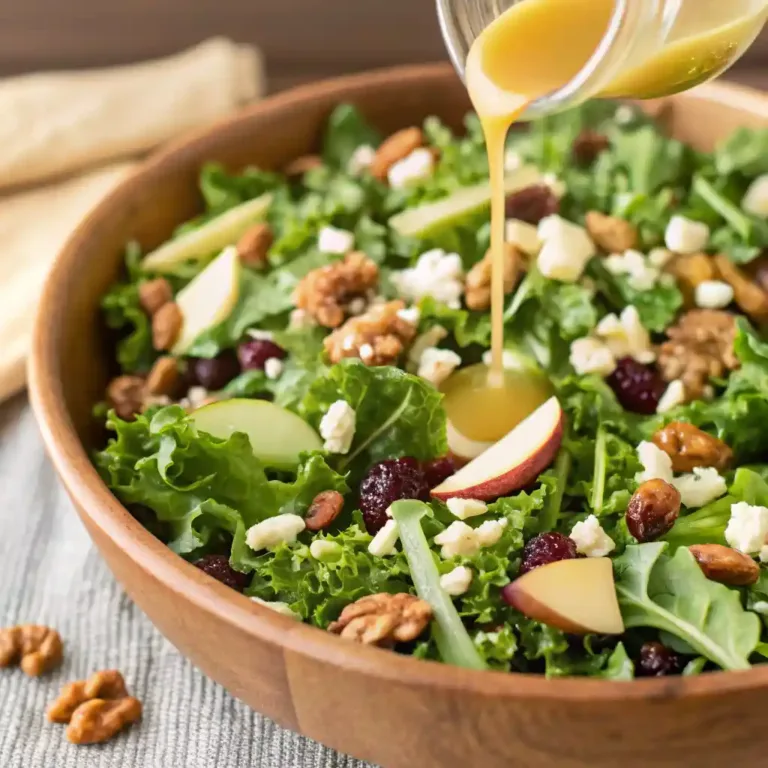 Apple Cranberry Walnut Salad Recipe: Fresh, Crunchy, and Irresistible Autumn Kale Salad with Maple Balsamic Vinaigrette Fresh apple cranberry walnut salad with feta cheese, mixed greens, and vinaigrette being poured in a wooden bowl.
